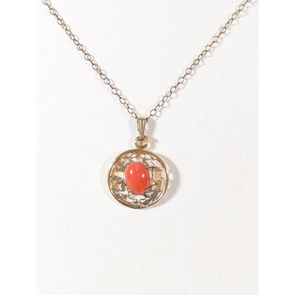 Vintage 12K Gold Filled Coral Filigree Pendant Necklace 15" Signed AC‎ 1/20 GF